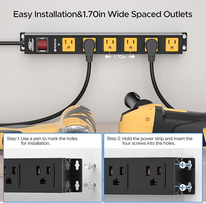 CRST 6 Outlet Surge Protector Power Strip 2100J with Switch, 15A/1875W Metal Heavy Duty Power Strip, Wide Spaced Wall Mount Power Bar for Garage Worshop Home School, 6 FT Cord（ Black+Yellow）