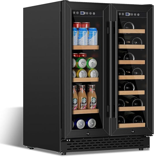 24 Inch Wine and Beverage Refrigerator Under Counter, Dual Zone Black Beverage Fridge with Glass Door&Lock,20 Bottles & 88 Cans Wine and Beverage Cooler, Freestanding Mini Fridge for Bedroom Home