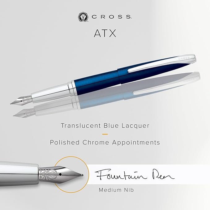 Cross ATX Refillable Fountain Presented in a Luxury Gift Box - Medium Point, Black Ink, Translucent Blue