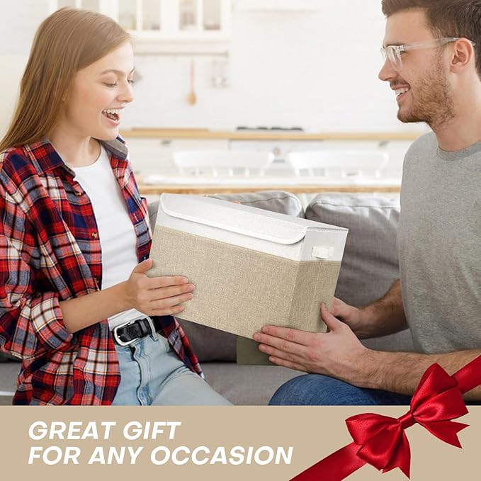 Large 22 Quart Linen Fabric Foldable Storage Bin Cube Organizer Basket with Flip-Top Lid & Handles, Clothes Blanket Box for Home, Office, Closet, Beige & White, 4 Pack 14.6 x 9.5 x 9.5”