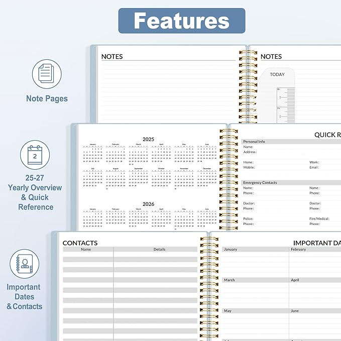 SUNEE 2025-2026 Appointment Book, Quarter-Hourly, Weekly & Monthly - from July 2025 to June 2026, 8.5"x11" Academic Planner, Flexible Cover, Note Pages, Pockets, Bookmark, Spiral Binding, Blue
