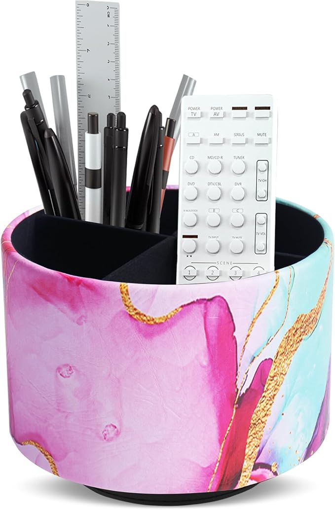 Round Leather Art Supply Organizer,Remote Control Holder,360-degree Rotating Pen Organizer with 4 Compartments(1-Red Green Splash Ink)