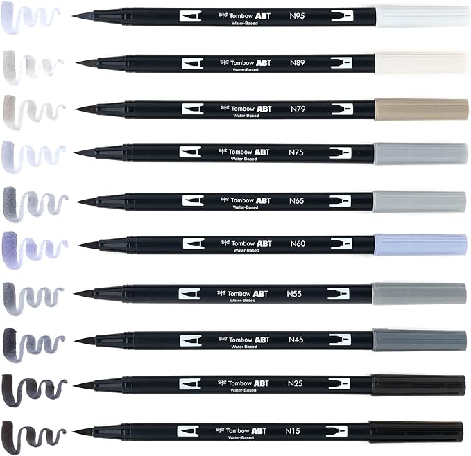 Tombow 56171 Dual Brush Pen Art Markers, Grayscale, 10-Pack. Blendable, Brush and Fine Tip Markers