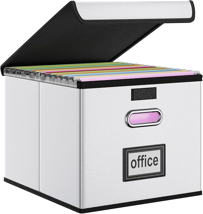 Huolewa File Organizer Box with Lid, Collapsible Faux Leather Hanging File Folder Box Organizer with Plastic Slides, Decorative Home/Office Filing System Boxes for File and Folders Storage