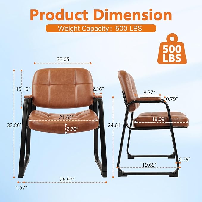 CLATINA Big & Tall 500 lb Waiting Room Chairs with Padded Armrests and Sled Base, Leather Stationary No Wheels Office Guest Chair for Reception Lobby Home and Meeting Conference, Brown （6 Pack）