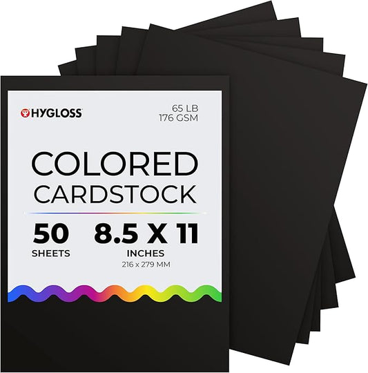 Hygloss Black Cardstock - 8.5x11-Inch, 50 Sheets, 65 lb/ 176 gsm, Fade-Resistant, Acid-Free Color Card Stock Paper