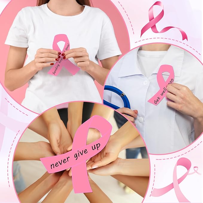 Kosiz 100 Pack Large Pink Ribbon Set 100 Breast Cancer Awareness Cutouts 2 Marker Pens 100 Wooden Clips with Rope Pink Ribbon Breast Cancer Awareness Items for Women Charity Support Supplies