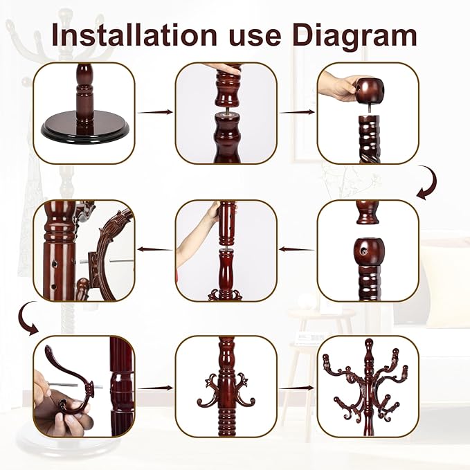 Solid Wood Coat Rack – 73" Freestanding Coat Racks Stand with 14 Hooks & Stable Round Base, Adjustable Height Modern Wooden Hall Tree for Entryway, Bedroom, Office, Home (Mahogany Round)