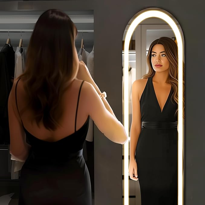 Arched Full Length Mirror with LED Lights, 60"x16" Floor Length Mirror with Stand, Body Floor Mirrors with Dimming & 3 Color Lighting, LED Mirrors for Bedroom, Dressing Room, Cloakroom