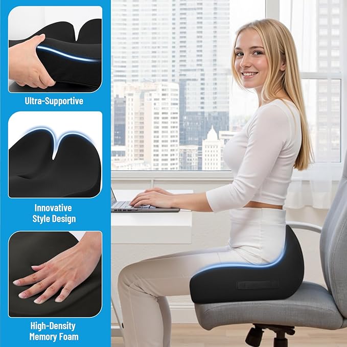 Seat Cushion, Memory Foam Office Chair Cushions, Ergonomic Curved Design for Sciatica, Tailbone, Coccyx, Seat Support for Car, Desk Chair, Wheelchair, Enhances Long Sitting Comfort (Black)