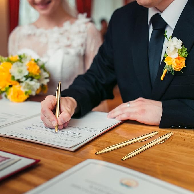 Fuutreo 100 Pack Wedding Gold Pens Bulk Gold Metal Pens Slim Ballpoint Retractable Ballpoint with Black Ink Mini Conical for Wedding Favors Guests, Office Business Teachers,1.0 mm