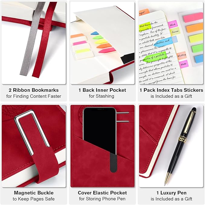 Lined Notebook Journal for Men Women, 365 Pages Numbered College Ruled Notebook, Hardcover Leather Journal with Pen & Gift Box, Thick Daily Diary, Professional Notebooks for Work, School, Business, A5