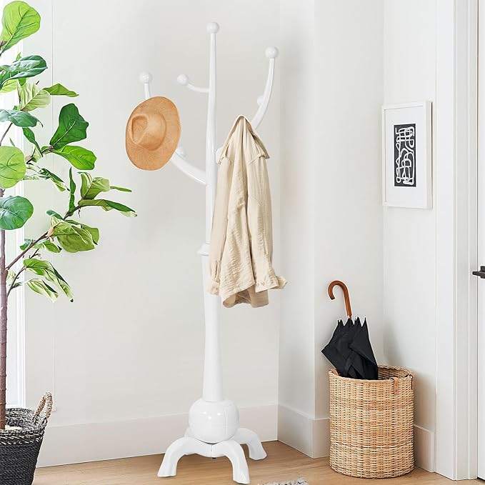 Coat Rack, Solid Wood Coat Racks Stand, Free Standing Coat Rack Coat Hanger with Hooks for Jaceket, Winter Coats, Entryway, Hallway, Bedroom - Load 160lbs (White)