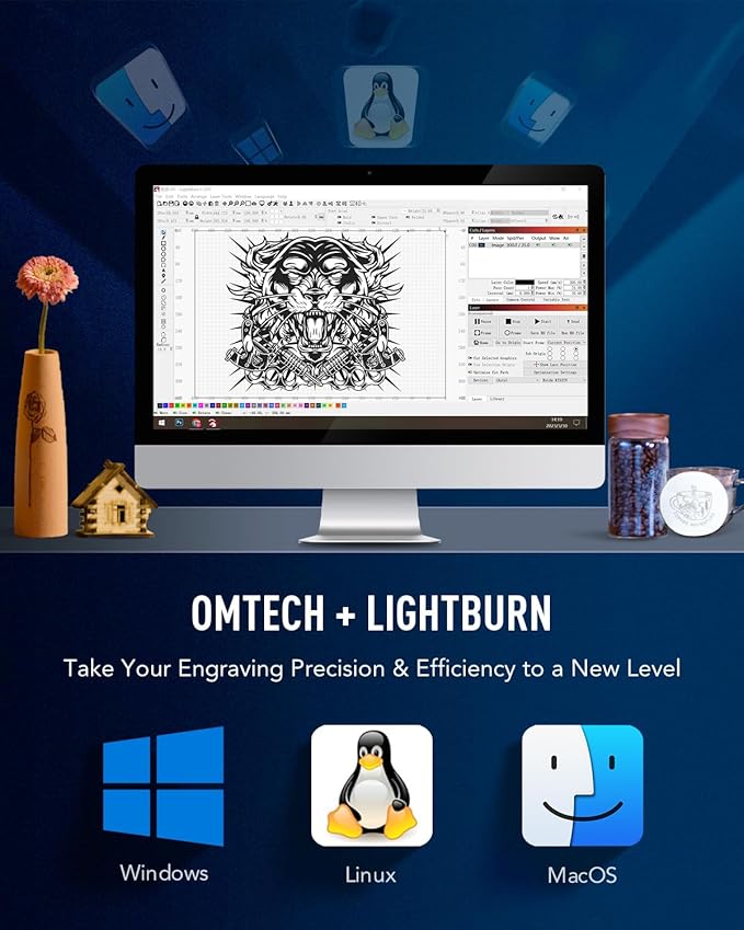 OMTech 100W CO2 Laser Engraver with LightBurn & Water Chiller, 20"x28" Laser Engraving Cutting Machine with 4 Way Pass Through Air Assist Wheels, Industrial Laser Cutter