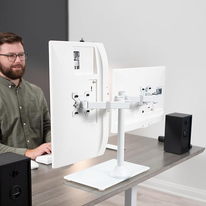 VIVO Freestanding Dual Monitor Stand with Sleek Glass Base and Adjustable Arms, Mounts 2 Screens up to 32 inch and 22 lbs Each, White, STAND-V002FGW