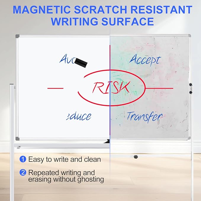 Mobile Magnet Large Whiteboard with Stand 72x40 Double-Sided Dry Erase Board with Stand - Magnetic Portable Standing Whiteboard - Rolling White Boards with Easy Flip Feature