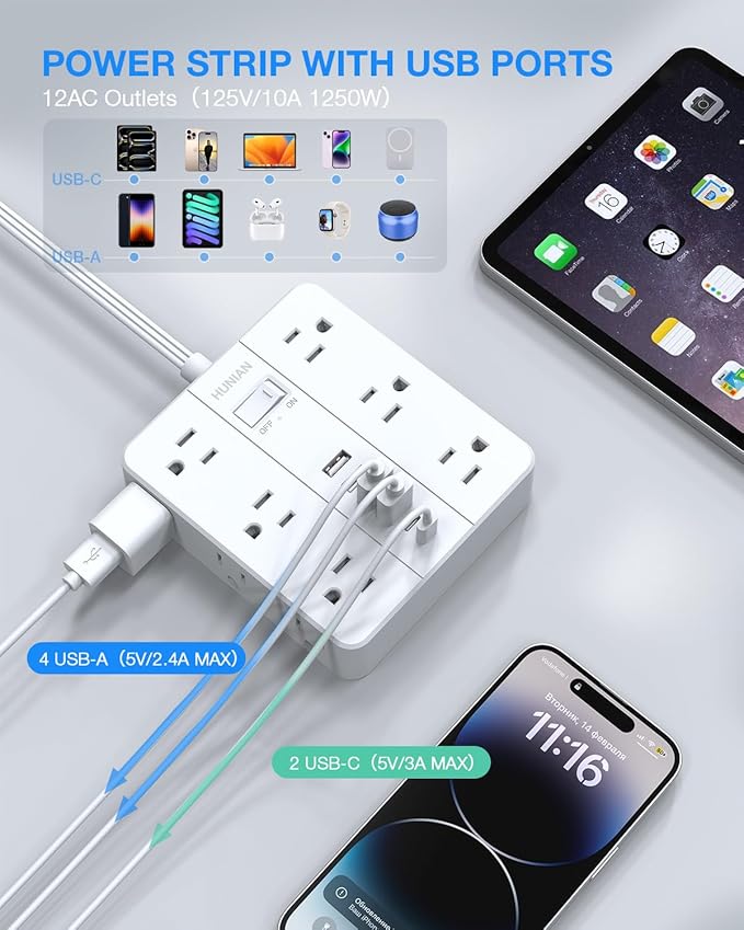 Flat Plug Surge Protector Power Strip, HUNIAN 12 Widely Spaced Outlets with 6 USB Charger (2 USB C Ports), 10 Ft Extension Cord Desk Charging Station for Home Office Supplies, Dorm Room, White