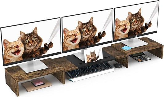 WESTREE Triple Dual Monitor Stand Riser, Extra Long Monitor Stand for 1~2~3 Monitors, Monitor Stand with Length and Angle Adjustable, 3 Shelf Desktop Storage Riser for Monitor Computer Screen Laptop
