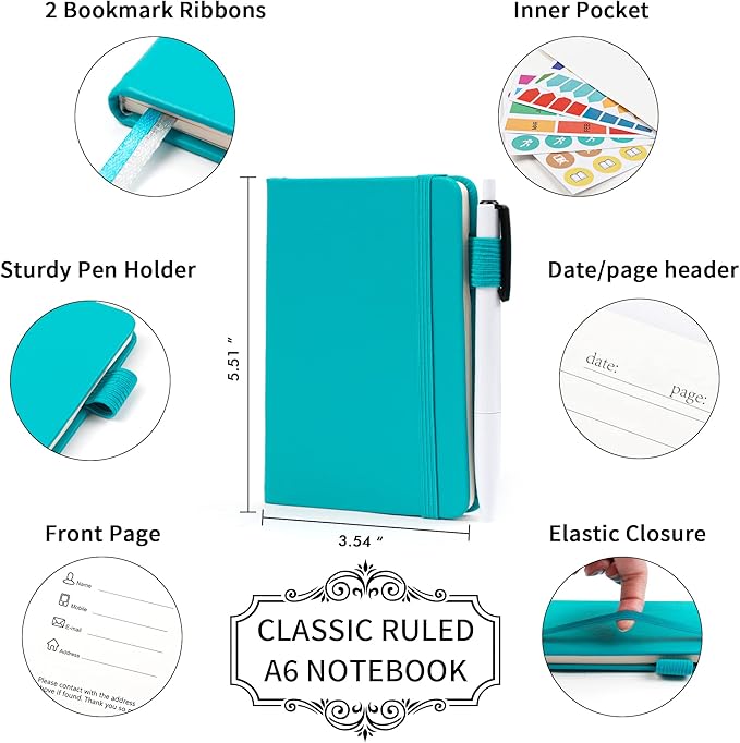 feela 6 Pack Pocket Mini Notebooks Bulk, Small Cute Memo Notepads Hardcover College Ruled Lined Journals with Pen Holder for School Business Work, with 6 Black Pens, 3.5”x 5.5”, A6, Emerald