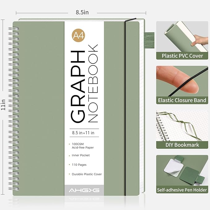 AHGXG Graph Paper Notebook - Spiral Notebook 8.5" x 11", A4 Large Graph Notebook, 100 gsm Thick Grid Paper, Waterproof Plastic Cover Journals for School Writing Engineering Math, Sage Green