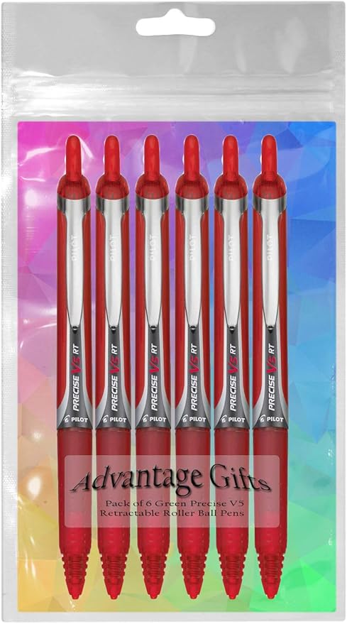 Precise V5 RT Retractable Rolling Ball Pens, Extra Fine Point (.5mm), Red Ink, 6-pk; Premium Comfort Grip, Bundle with Plastic Reusable Pouch