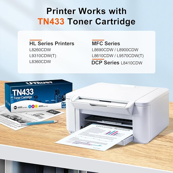 TN433 Toner Cartridge Replacement for Brother TN 433 TN-431 MFC-L8900CDW MFC-L8610CDW HL-L8360CDW HL-L8260CDW Printer Toner (TN433BK TN433C TN433M TN433Y, 4-Pack)