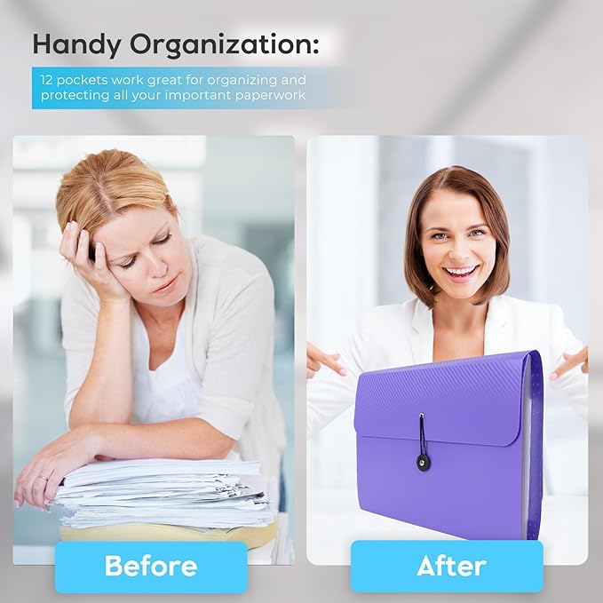 Accordion File Organizer, Expanding File Folder for Sorting Documents and Papers, 13 Pockets File Storage Organizer for Home, Travel and Office Use (Purple)