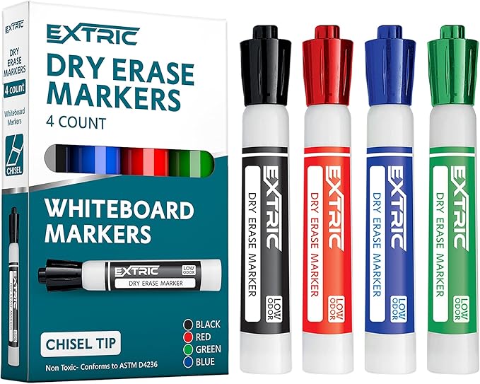 EXTRIC Dry Erase Markers Chisel Tip, Whiteboard Markers 4 Pack Assorted Colors, White Board Marker Dry Erase Red, Blue, Green, Black White Board marker Low Odor for Teachers and Students