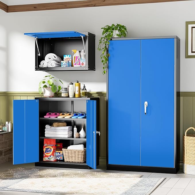 INTERGREAT Storage Cabinet,72”H Garage Steel Locking Cabinets with Doors and 4 Adjustable Shelves, Tall Lockable File Tool Cabinet for Home Office, Metal Classroom Cabinets Basement, Black-Blue