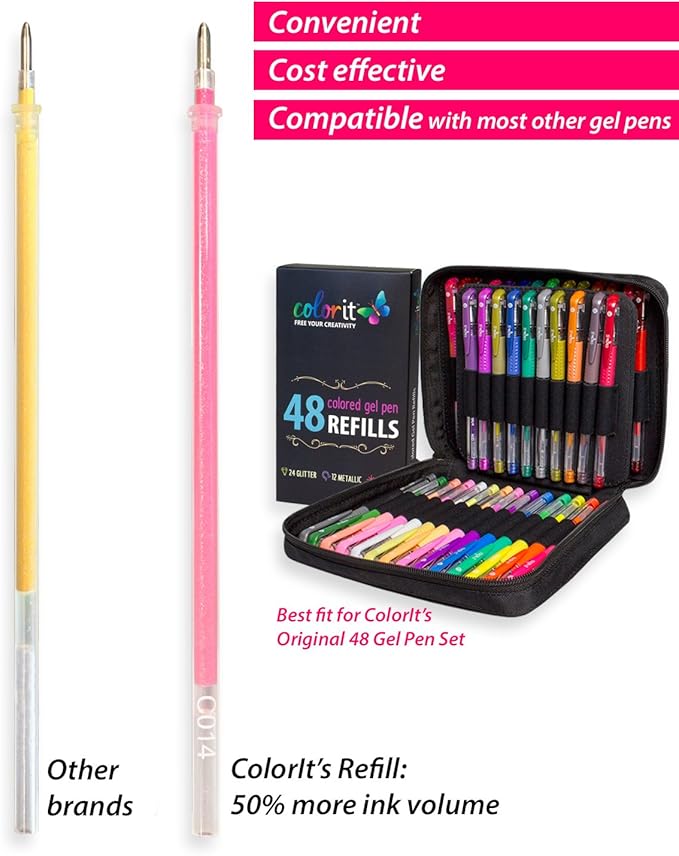 ColorIt 48 Gel Pen Ink Refills for Glitter, Metallic, and Neon - Color Coded for Easy Replacement (Gel)