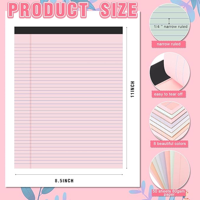 Fuutreo 8 Pcs 8.5'' x 11'' Colored Legal Pad Writing Pads Narrow Ruled 50 Sheets Per Notepad Perforated Writing Notepad Office Supplies for College Office Business (Sweet Color)