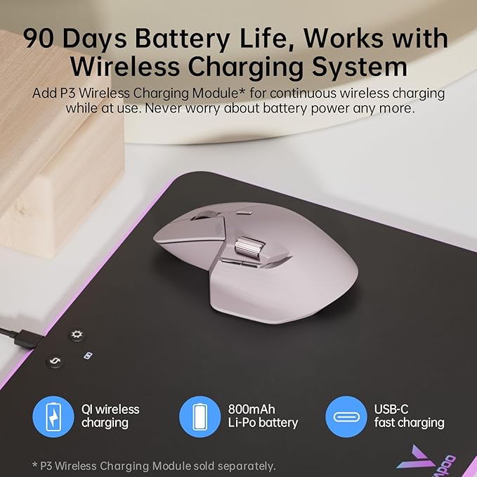 Rapoo MT760 Multi-Device Wireless Mouse, Bluetooth 5.0 and 2.4GHz Multi-Mode Connection, Up to 4 Devices, 11 Programmable Buttons, 4K DPI, Ergonomic Design, 90 Days Battery Life, PC, Pink