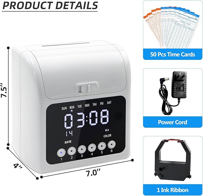 Time Clock Bundle for Small Business, Passcode Time Clock Punch Machine with 200 Time Cards, 4 Ink Ribbons, 2 Ten-Slot Time Card Racks, Auto-Align Clock in Machine for Employees