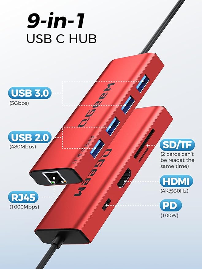 QGeeM USB C Hub Ethernet,9 in 1 USB Type C Hub HDMI Multi-Port Converter Adapter,100W Pd, USB 3.0,SD/TF Card Reader,Compatible for MacBook Pro Air Ipad HP Dell Lenovo Chromebook etc.-Red