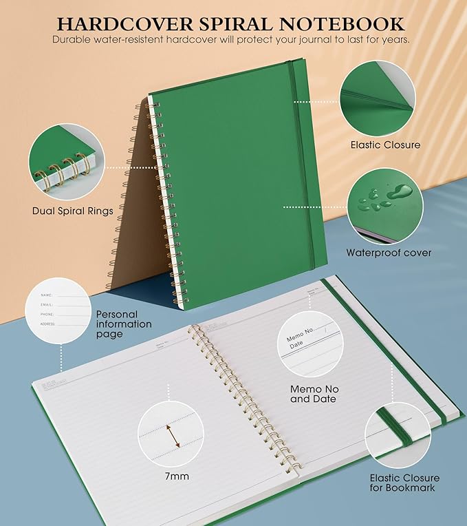 Spiral Notebook Journal 8.5” x 11”, A4 Large Notebooks for Women Men, College Ruled Lined Journal, 100 GSM Paper, Hardcover Spiral Bound Journals for Work School Writing Note Taking Business, Green