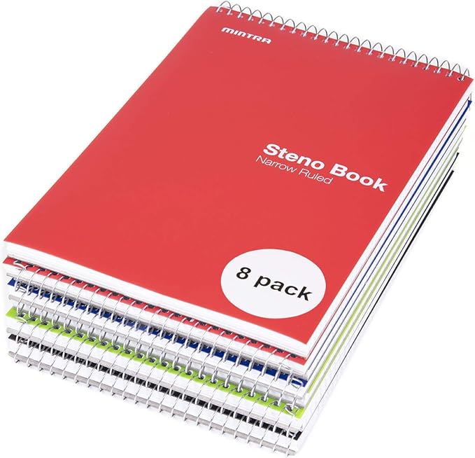 Mintra Office Steno Book - (Primary Colors, 8 Pads/Pack, Narrow Ruled) - 6inx9in, 100 Sheets per pad, POLY Cover, notebook for writing notes in school, university, college, work, office