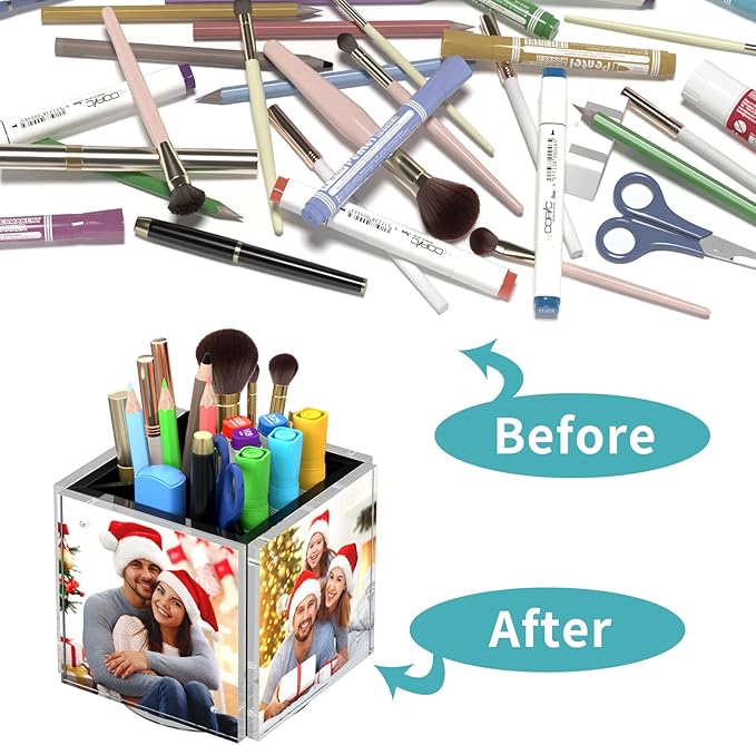 HIIMIEI Acrylic Rotating Pen Holder for Desk, Pencil Holder Picture Frame Holds 4 Family Photos of 4"x4", Desk Pen holder Organizer for Office, Classroom, Home, Kids (White)