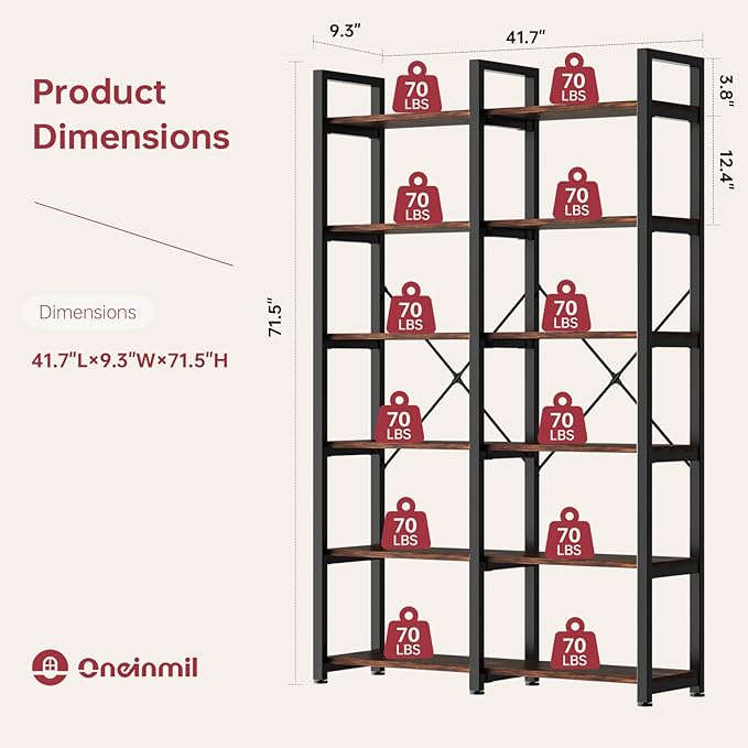 oneinmil 6 Tier Bookshelf Set of 2, 71.5'' Industrial Wood Bookshelves, Book Shelf with 12 Open Display Shelves & Metal Frame, Tall Bookcase for Home and Office, Rustic Brown