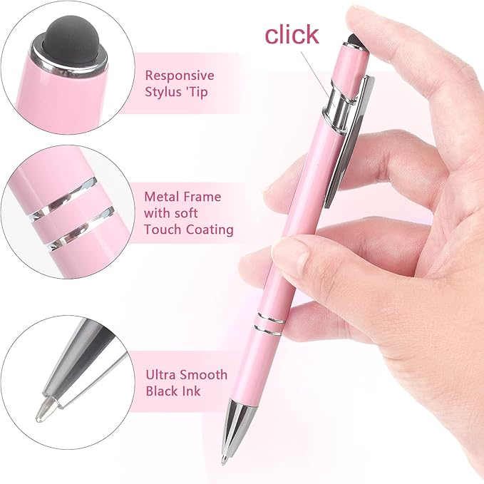 Ballpoint Pen 2-in-1 Stylus Retractable Ballpoint Pen with Stylus tip, Metal Stylus Pen for Touch Screens, 1.0 mm Black Ink (Pink)