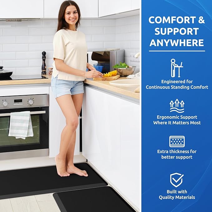 KitchenClouds 2PCS Kitchen Rugs Cushioned Anti-Fatigue Non-Slip Waterproof Kitchen Mat Comfort Foam Standing Mat for Floor Office Sink Laundry (Black)