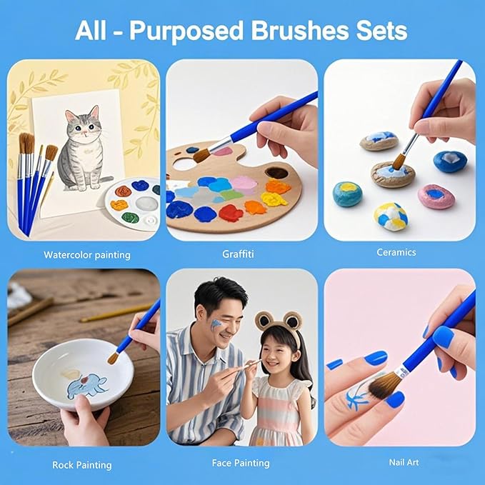 50Pcs Children's Drawing Pen Set, Loose Brush Washable Art Brush, Suitable for Students, classrooms and Handicraft Painting, doodling, Watercolor Painting and face Painting Blue-50pcs（Flat Head）