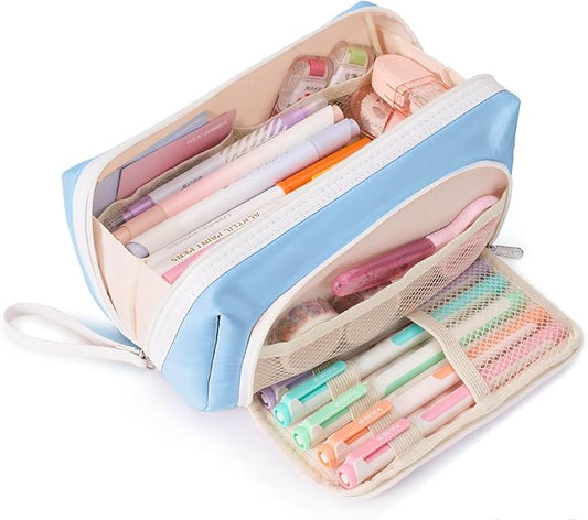 Sooez Big Capacity Pencil Case, Extra Large Pencil Pouch with Zipper Pocket, Wide Opening Pencil Bag, Portable Stationery Organizer, Cute Aesthetic School Office Supplies for Teens Girls, Sky Blue