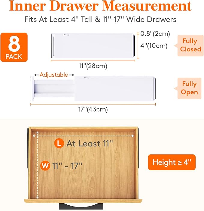 Lifewit 8 Pack Drawer Dividers 4" High,11-17" Adjustable Dresser Drawer Organizers for Clothes, Expandable Dresser Separators in Bedroom/Bathroom/Kitchen/Vanity/Office Organization and Storage, White