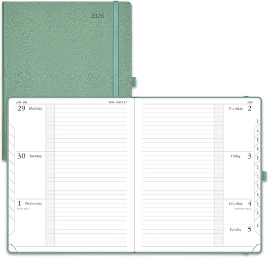 POPRUN Weekly Planner 2026 Calendar (Large 8.5" x 10.5") 12 Months Notebook with Horizontal Layout, Leather Hardcover, Inner Pocket, 100GSM Thick Paper, Pen Holder - Midnight Green
