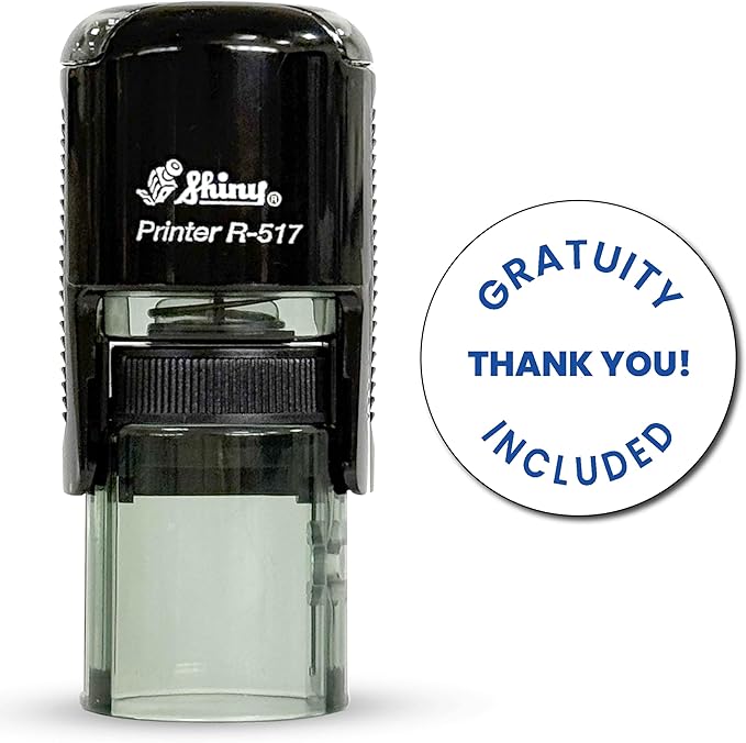 Shiny Gratuity Included Stamp, Round Self Inking Stamp for Restaurant, Bar and Retail, Blue Ink