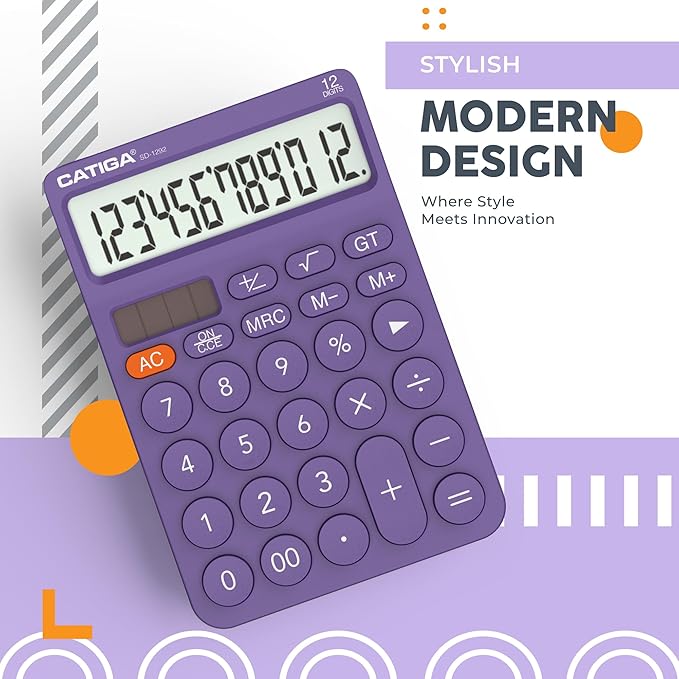 CATIGA 12 Digit Desktop Calculator Basic Desk Calculator with Large LCD Display, Big Buttons, 4 Function, Solar and Battery Dual Power, for Office, School, Home, SD-1292 Purple