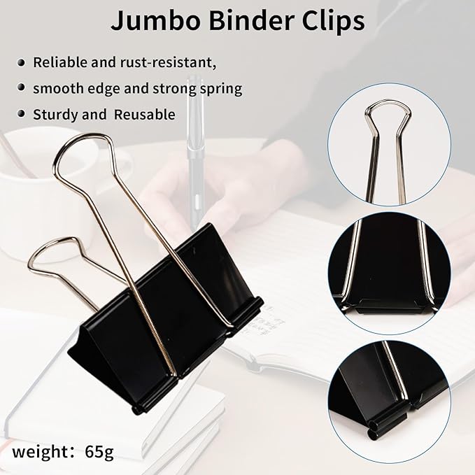 Jumbo Binder Clips 3 Inch - Extra Large Binder Clips 6 Pack, Heavy Duty Office Binder Clips for Paper, Documents, School & Office Supplies (6, 3 inch)