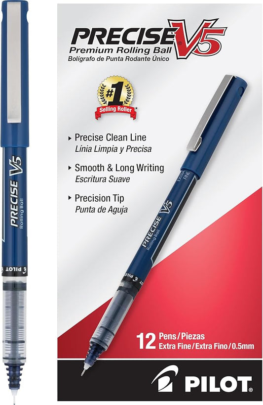 Pilot Precise V5 Rollerball Pens, Extra Fine Point 0.5 mm Navy Blue Pen, Navy Blue, Pack of 12