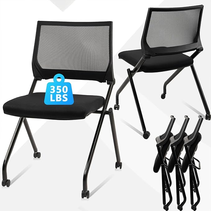 CLATINA Stackable & Foldable Conference Room Chairs, Waiting Room Chairs with Wheels & Lumbar Support, Ergonomic Mesh Bouncing Back Folding Chair for Office Meeting Schools Training Room, Black 10pk
