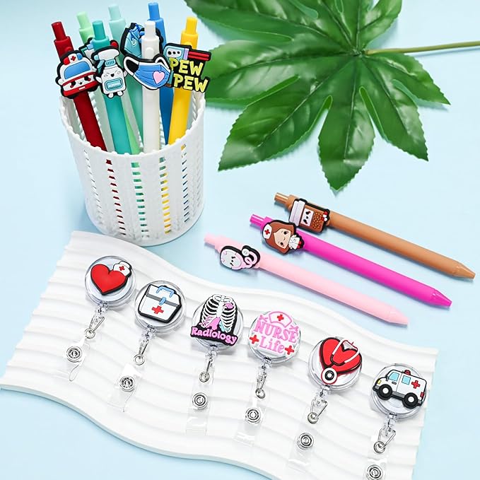 Nurse Pen with Badge Reel Holder Clip Combination,Nursing ID Badges Name Card Reels Novelty Gel Pens Funny Ballpoint Pen Nursing Charms Accessories Cna Work Supplies Nurse Week gifts Party Favors 20P